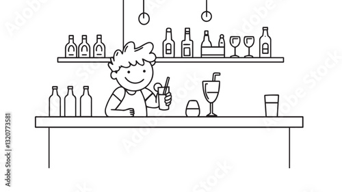 Satisfied barman at the counter holding a glass with a drink. Vector illustration of a cartoon doodle waiter stickman mixing a cocktail. Isolated character on a white background.