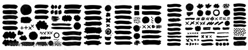 Big collection of black paint elements , ink brush strokes, brushes, circles ,lines, grungy. Dirty artistic design elements, boxes, frames. Vector illustration. Isolated on white background.