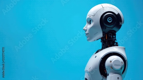 the robot is facing forward and raised his hand up, smiling , household assistants, artificial intelligence, helping a person, light background, free space on the side for text