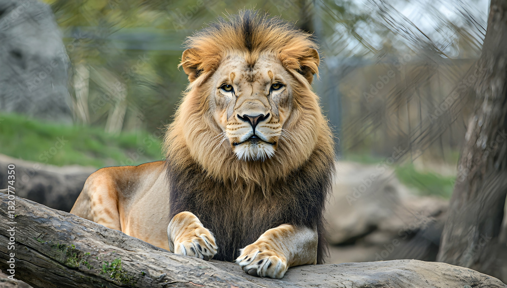 Obraz premium Radiant mane and powerful grace of a lion in the African savanna, presenting an awe-inspiring sight.