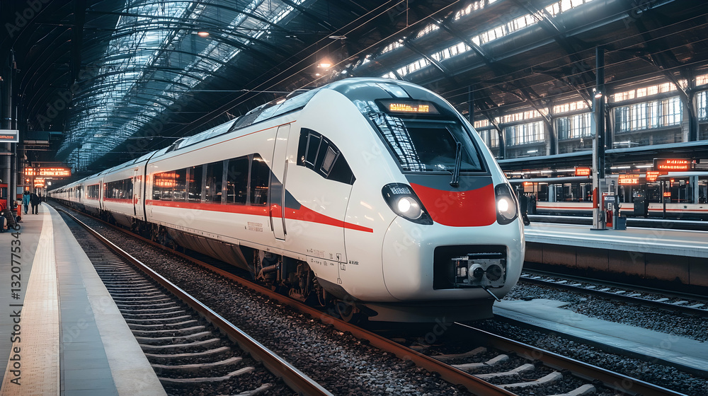 Modern High-Speed Train at Platform in Urban Train Station Modern High-Speed Train at Platform in Urban Train Station