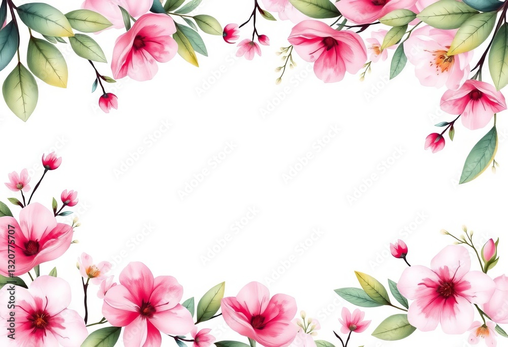 Fototapeta premium Elegant pink watercolor floral wedding invitation template with leaves and flowers, rose, floral