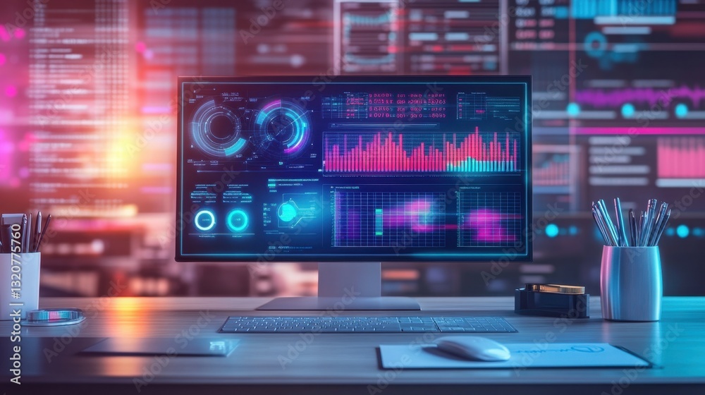 A futuristic workspace with a glowing screen displaying histograms, pie charts, and complex mathematical equations. A futuristic workspace with a glowing screen displaying histograms, pie charts, and complex mathematical equations.