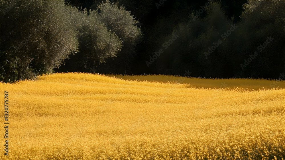 Obraz premium Golden Fields of Blooming Canola Flowers Under Clear Blue Sky