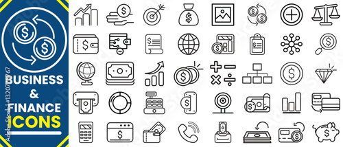  Business and Finance line  icons collection. Money, bank, contact, infographic, cash, saving, profit, budget, mutual fund, earning money and revenue icons.Finance icon set. Vector illustration.