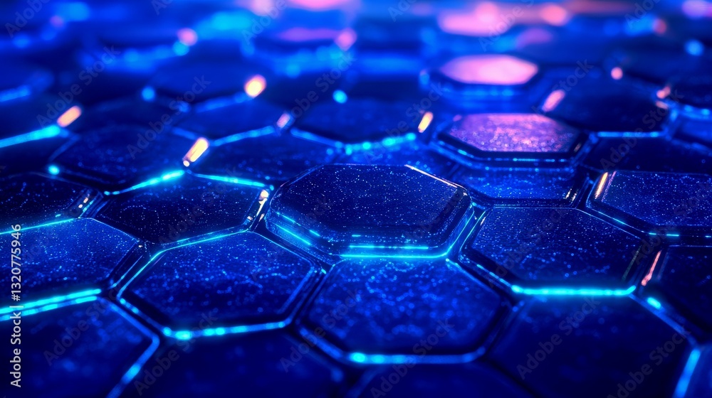 Obraz premium Futuristic glowing hexagon forms a digital pattern. A modern technology surface with geometric design, ideal for abstract sci backgrounds. A digital aesthetic for tech themes.