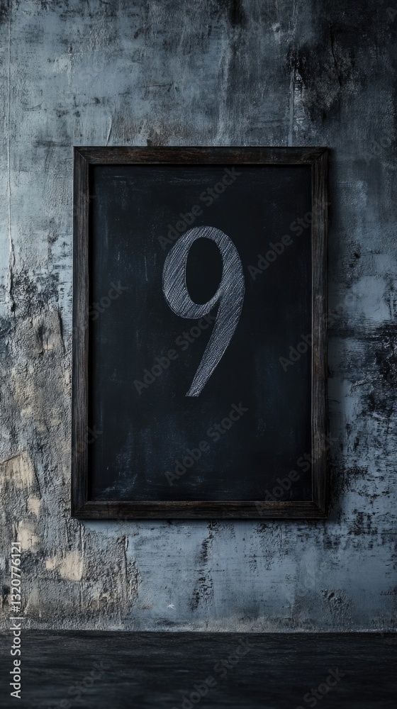 A simple chalkboard with the number nine drawn in chalk, great for educational or instructional purposes A simple chalkboard with the number nine drawn in chalk, great for educational or instructional purposes