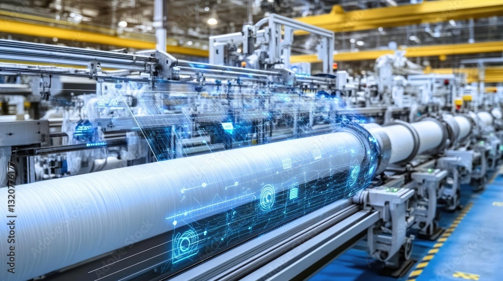 A digital screen displaying real-time data in an advanced textile factory. A digital screen displaying real-time data in an advanced textile factory.