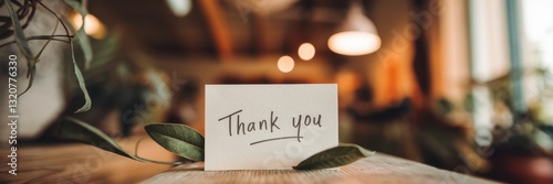 A heartfelt thank you note displayed on a rustic wooden surface, surrounded by soft greenery, creating a cozy and appreciative atmosphere.