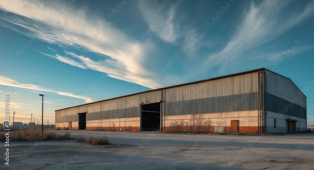 Large warehouse building exterior with clear sky and industrial surroundings during daylight hours Large warehouse building exterior with clear sky and industrial surroundings during daylight hours