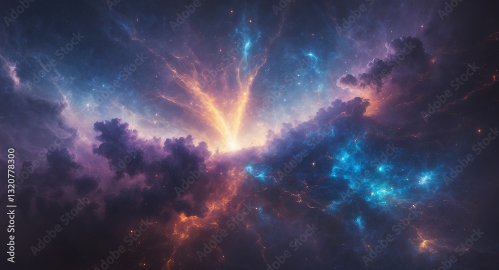 Obraz premium Explosive cosmic nebula event outer space digital art dark environment dynamic viewpoint abstract concept