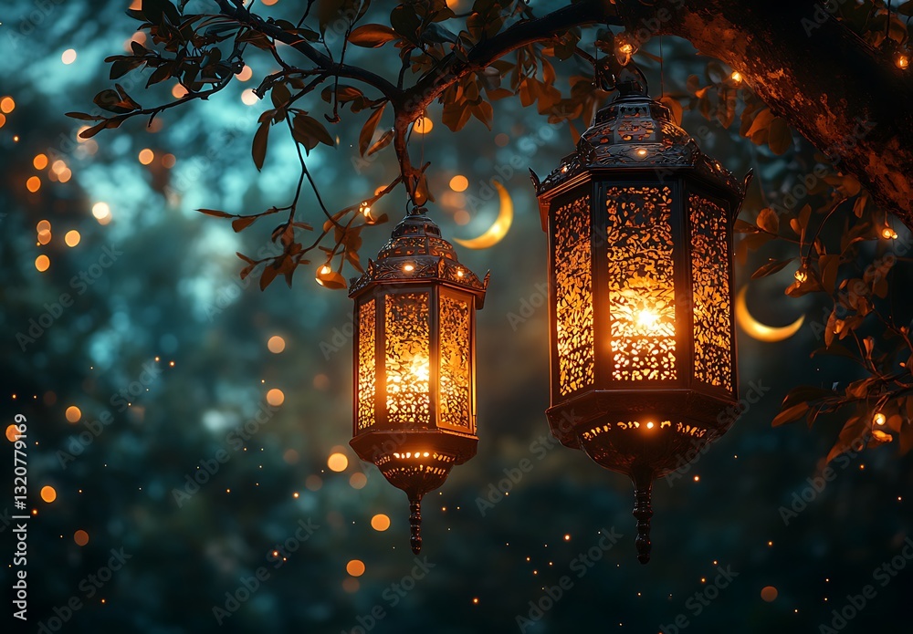 Intricate Hanging Lanterns Glowing Amid Twinkling Lights Intricate Hanging Lanterns Glowing Amid Twinkling Lights