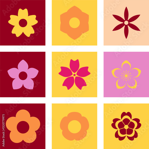 Hippy groovy daisy flowers set. Retro vintage style, Easter, spring hand drawn decorative elements. Set of simple flat flower icons. Apple, cherry, plum, apricot, blossoms vector. Kids cute decor.