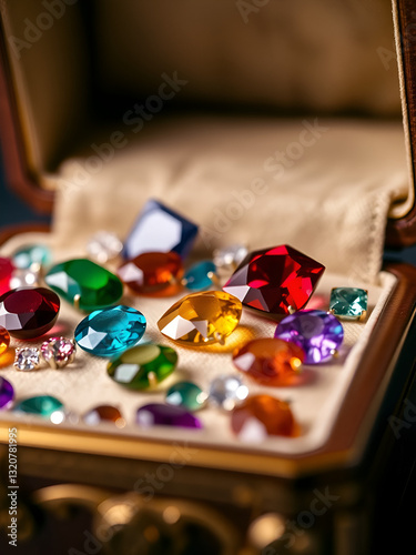 A close-up of a jewelry box opening to reveal a variety of colorful gemstones, a symbol of affluence