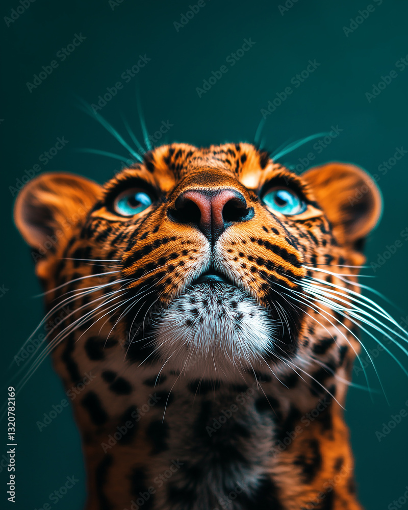 Majestic leopard gazes upwards with striking blue eyes and vibrant fur in a captivating close-up portrait Majestic leopard gazes upwards with striking blue eyes and vibrant fur in a captivating close-up portrait