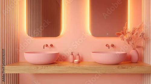 Modern pink bathroom with double sinks, wooden vanity, and backlit mirrors.