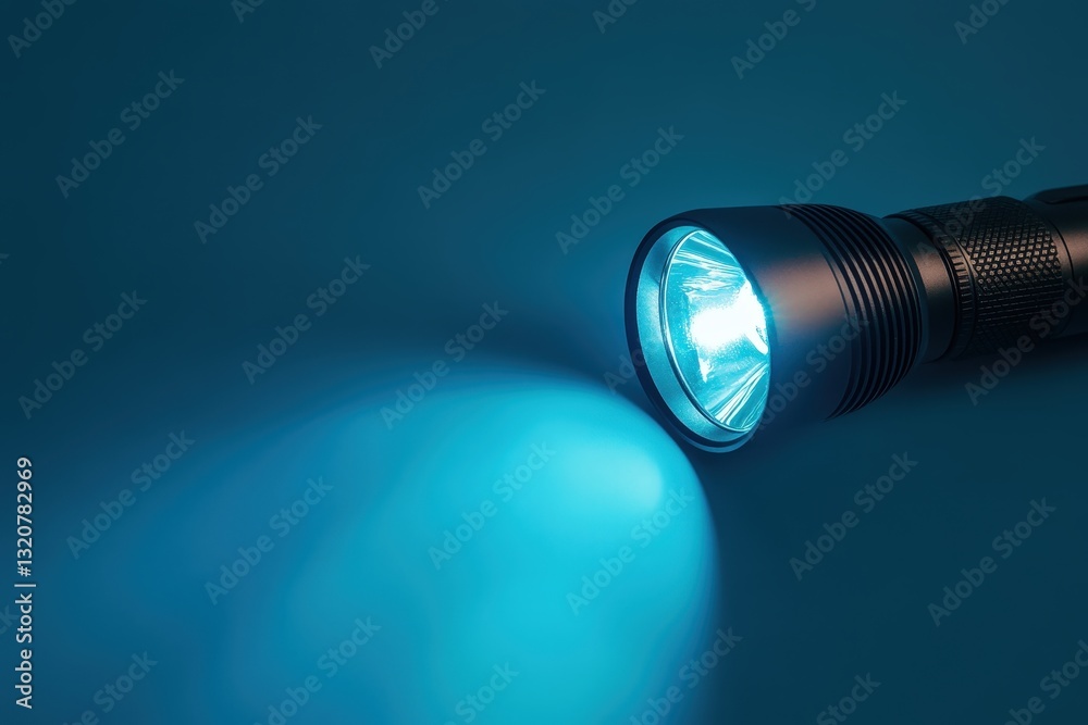 A lit flashlight shining a bright blue light on the background A lit flashlight shining a bright blue light on the background