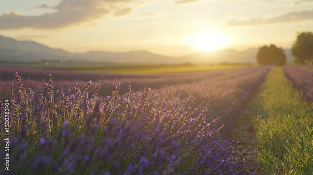Naklejka premium Sunset over rows of blooming purple lavender in a field.