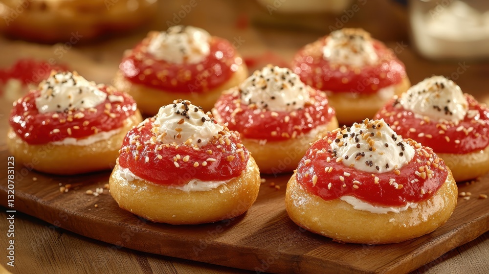 Delicious Mini Desserts with Cream Topping and Strawberry Sauce on Wooden Serving Board Delicious Mini Desserts with Cream Topping and Strawberry Sauce on Wooden Serving Board