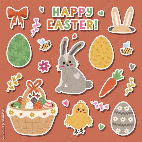 Lovely Happy Easter egg hunt and springtime sticker set for planners, notebooks. Ready for print sheet of cute stickers with cartoon clipart of bunny, cute chick, painted patterned eggs, rabbit ear.