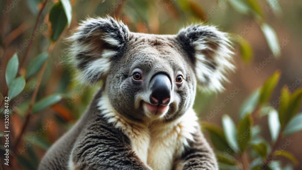 Obraz premium Smiling koala with bright eyes in a natural setting.