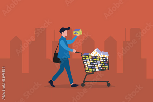 Businessman pushing house inside shopping cart. concept of Home buyer, purchasing new house, real estate, property investment or mortgage, and Property purchase