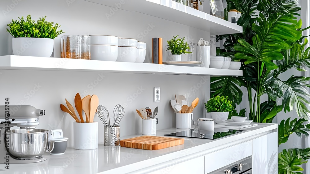 Modern Kitchen Interior, White Shelves, Plants - Minimalist design Modern Kitchen Interior, White Shelves, Plants - Minimalist design