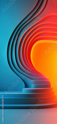 Colorful interplay of curves and light creates a captivating abstract atmosphere in a modern setting