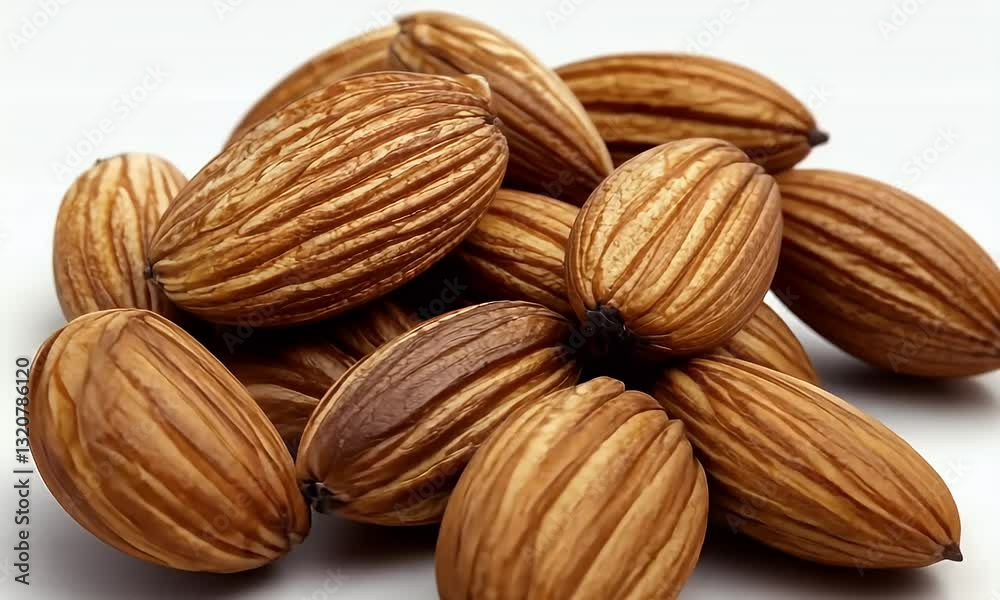 Close-up of almonds on white background; healthy snack food image for recipes, packaging, or blogs