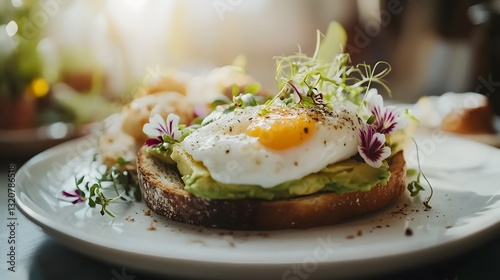 Deliciously prepared breakfast dish of avocado toast topped with poached egg and fresh flowers food