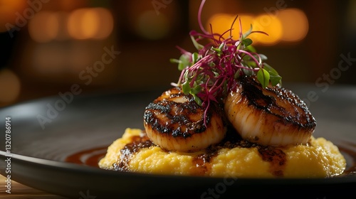 Grilled scallops served on creamy polenta with colorful microgreens in a stylish restaurant setting