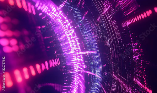 Captivating neon glow and wave equalizers in an ultraviolet tech setting, ideal for music and technology events.