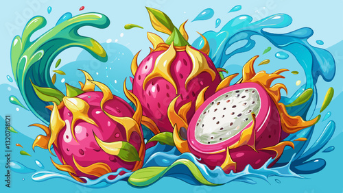 Dragon Fruit Splash: An explosion of vibrant dragon fruits, revealing the refreshing interior, accompanied by dynamic water splashes.