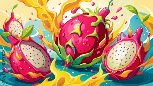 Dragon Fruit Splash: An explosion of vibrant dragon fruits, revealing the refreshing interior, accompanied by dynamic water splashes.