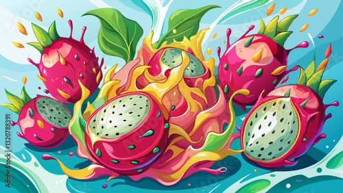 Dragon Fruit Splash: An explosion of vibrant dragon fruits, revealing the refreshing interior, accompanied by dynamic water splashes.