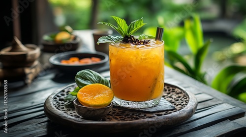 A traditional Indonesian beverage known as es dawet, typically served in restaurants photo