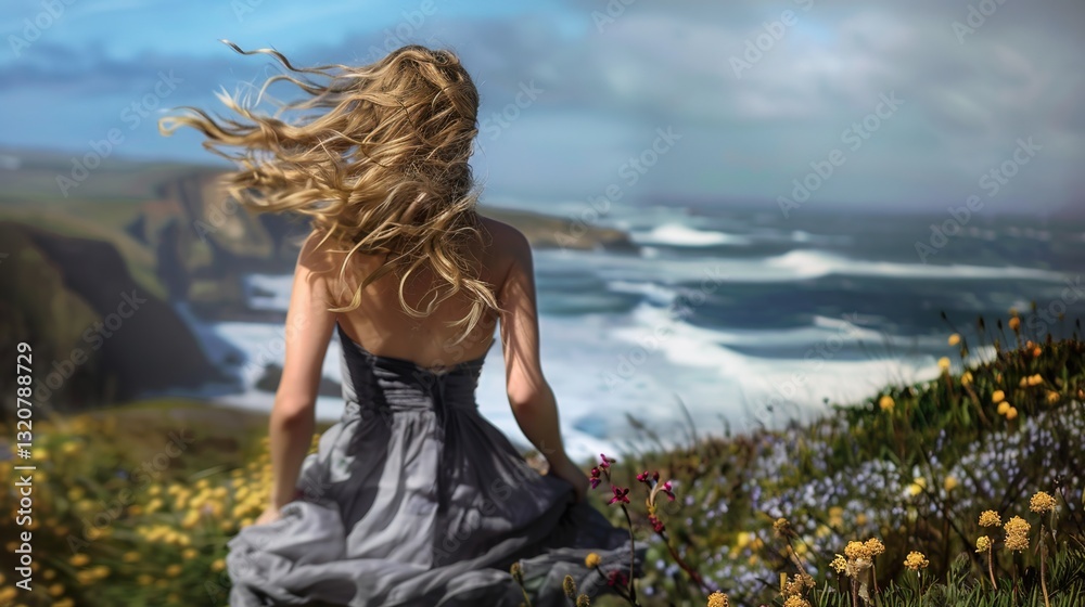 Obraz premium Girl Surrounded by Prairie Flowers, Embracing the Explosion of Colorful Patterns and Delightful Fragrance, Celebrating the Vital Role of Nature in Sustaining Ecosystems