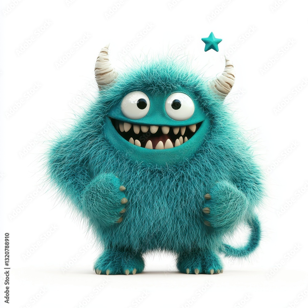 Teal Fluffy Monster with a Star-Shaped Tail and Soft Paws, isolated on clear white background Teal Fluffy Monster with a Star-Shaped Tail and Soft Paws, isolated on clear white background