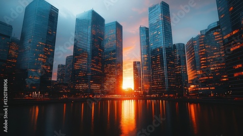 Cityscape sunset reflection on water
