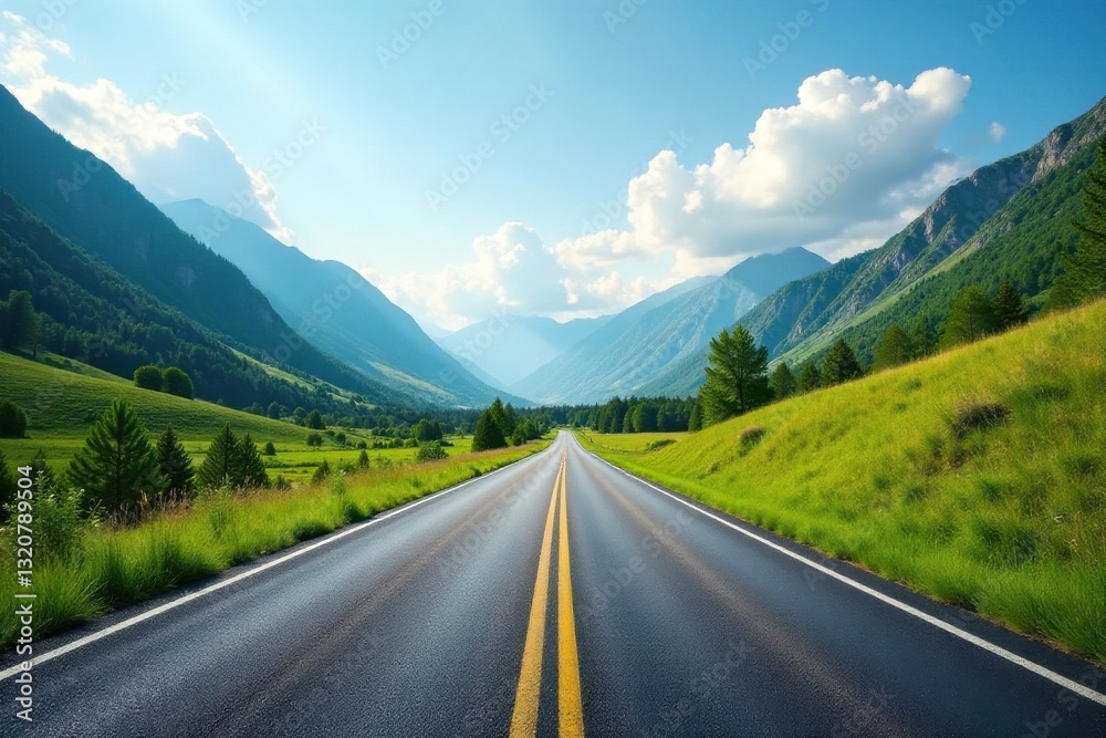 Asphalt Ribbon Unfolding Through Verdant Valley, Flanked by Majestic Mountains Under a Sky of Brilliant Blue and Puffy White Clouds Asphalt Ribbon Unfolding Through Verdant Valley, Flanked by Majestic Mountains Under a Sky of Brilliant Blue and Puffy White Clouds