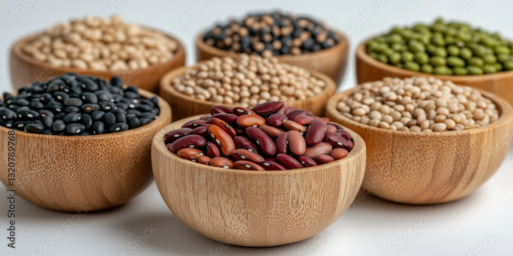 Fototapeta premium Wooden bowls filled with various grains and legumes on white background