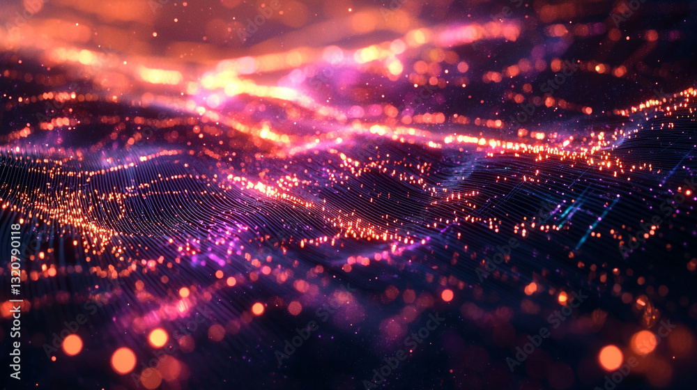 Obraz premium Abstract digital waveform background with vivid orange and purple glowing lights data bokeh color