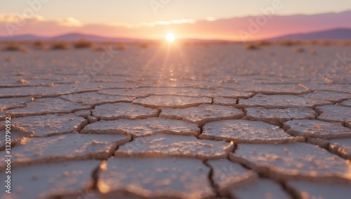 Cracked Earth in Parched Landscape at Sunset