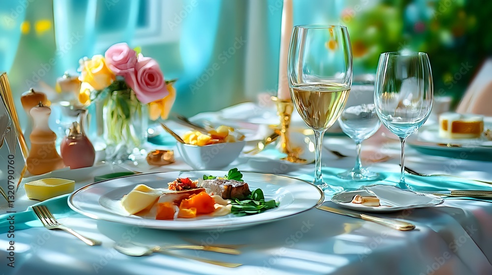 Elegant Dinner Table Setting with White Wine - Bright Elegant Dinner Table Setting with White Wine - Bright