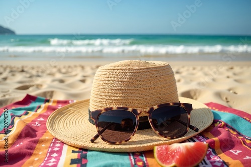 Straw hat and sunglasses on a vibrant beach blanket with ocean waves in the background