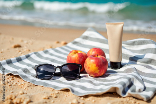 Apples, sunglasses, and body cream on a striped beach blanket with ocean waves in the background
