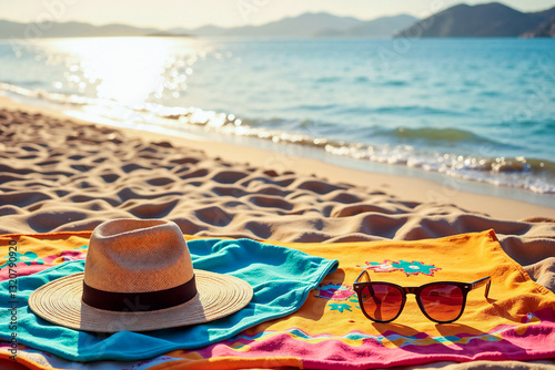 Straw hat and sunglasses on the beach at sunset with copy space