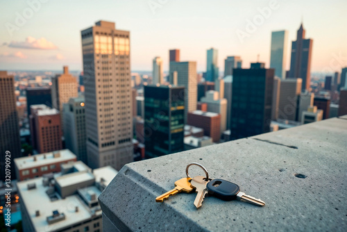 House keys on the edge of a skyscraper rooftop overlooking a city skyline at sunset