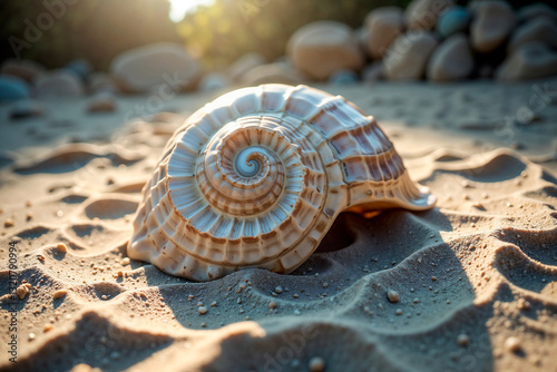 Close-up of a spiral seashell on textured sand with soft natural light