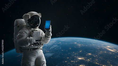 A full-height astronaut with a blue planet reflection on the visor, standing against the backdrop of space, embodying exploration and discovery in a futuristic setting.
